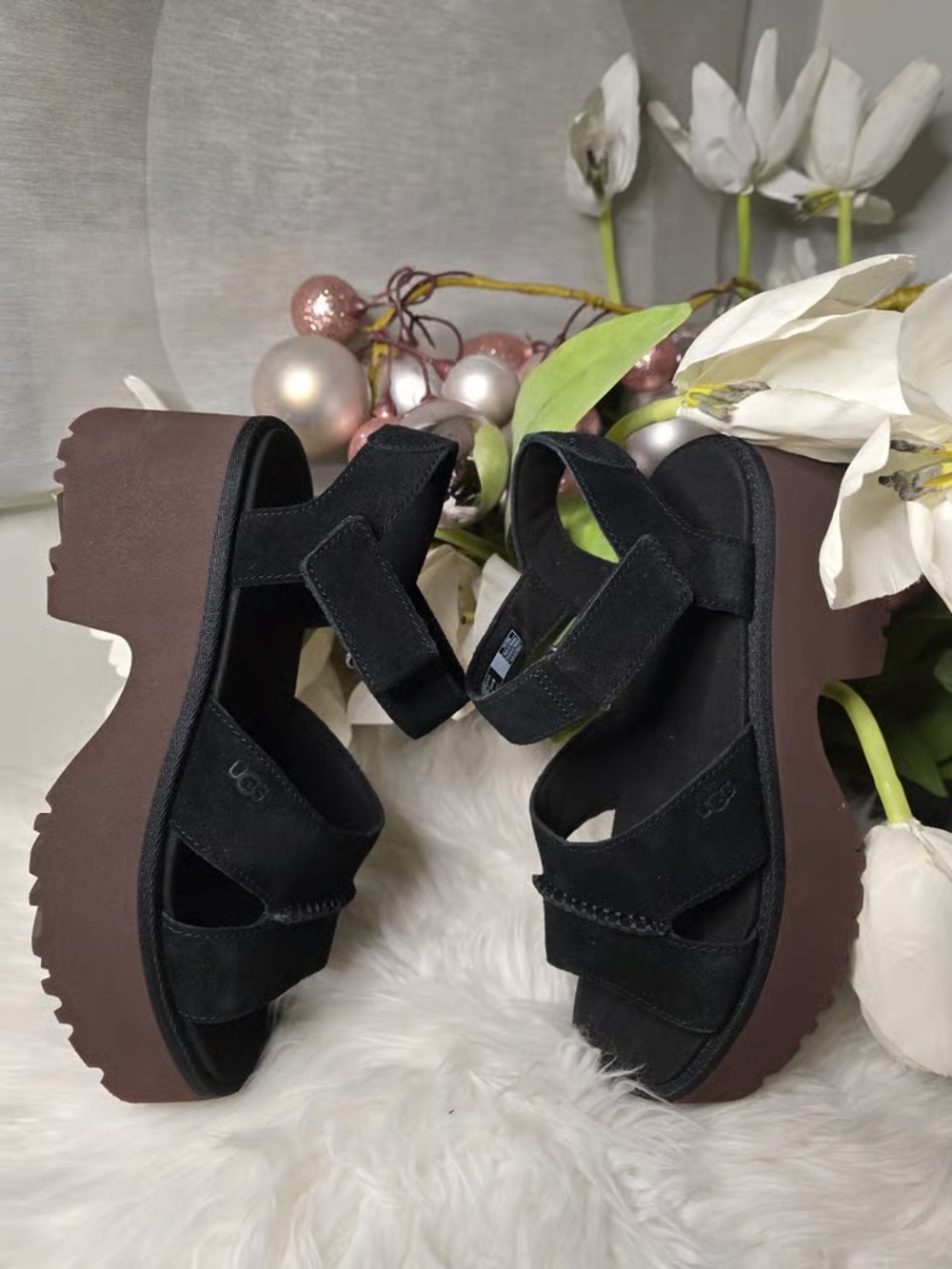 UGG Black Suede Chunky Platform Sandals
